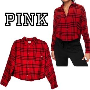 PINK Victoria's Secret Cropped Flannel Red
Black Long Sleeve Grunge Size Large